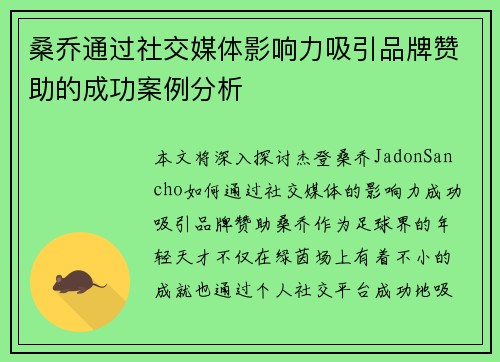 桑乔通过社交媒体影响力吸引品牌赞助的成功案例分析